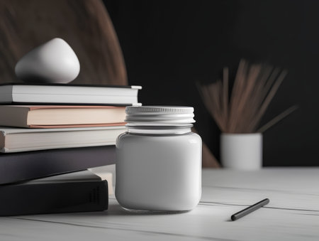 White jar with pills and books on the table. 3d renderingの素材