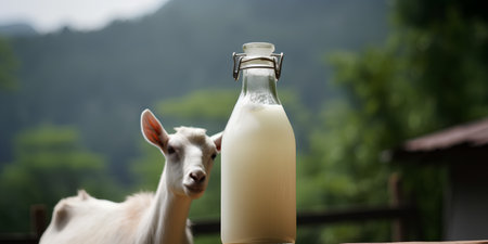 bottle of milk and goat on a background of the mountain landscapeの素材