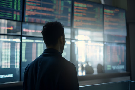 Rear view of a young Asian man looking at the flight information board.の素材