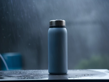 Sports bottle under the rain. Shallow depth of field. Selective focus.の素材