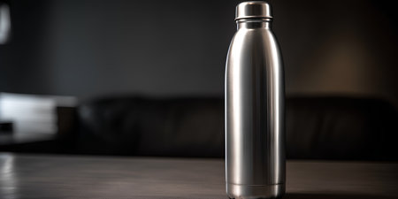 Metal thermos on the table in a dark room. The concept of sports and healthy lifestyle.の素材