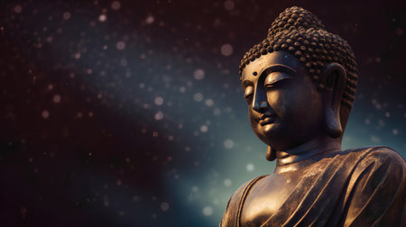 Buddha statue on dark background with bokeh and lightsの素材