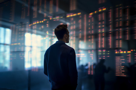 Back view of young businessman looking at stock market chart. Double exposureの素材