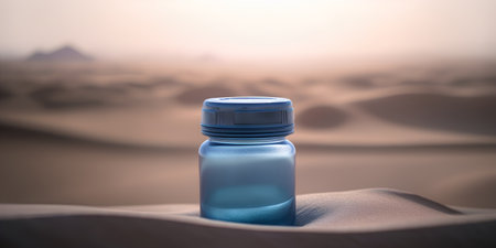 Bottle of water in the desert. 3d rendering. Toned.の素材