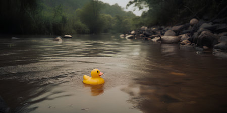 Yellow rubber duck floating on the water of a mountain river. Selective focus.の素材