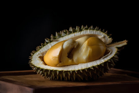 Fresh durian on black background. Durian is a king of fruits.の素材