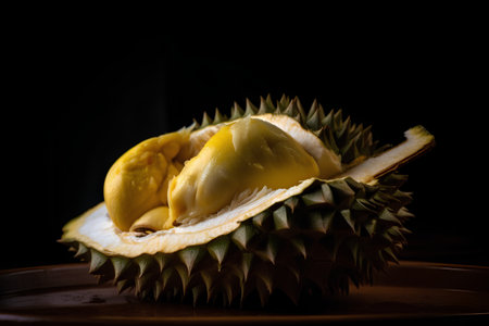 Fresh durian fruit on black background. Durian is a king of fruit.の素材
