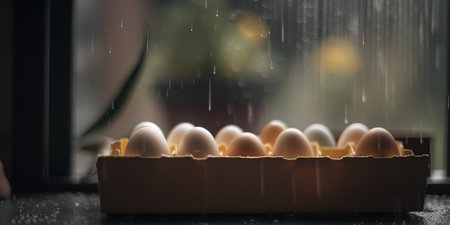 Eggs in a cardboard box with rain drops on the backgroundの素材