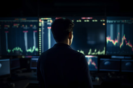 rear view of businessman looking at monitor with stock market data at nightの素材