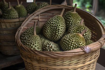 Fresh durian fruit in basket on wooden table. Selective focus.の素材