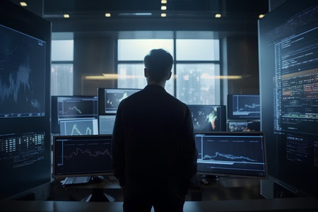 Back view of businessman looking at stock market data on monitor in officeの素材