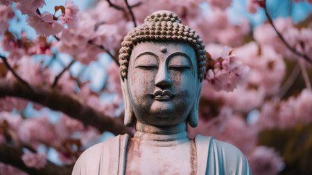 Buddha statue with pink sakura blossom in background.の素材