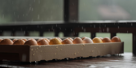 Eggs in a carton on a wooden table under the rainの素材