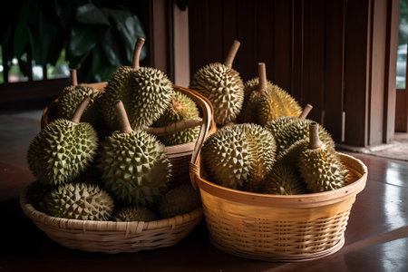 durian fruit in basket on wood table, thailand.の素材