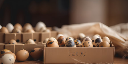 Easter eggs in a cardboard box on a wooden table. Selective focus.の素材