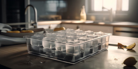 Closeup of ice cubes in a glass tray on the kitchen tableの素材