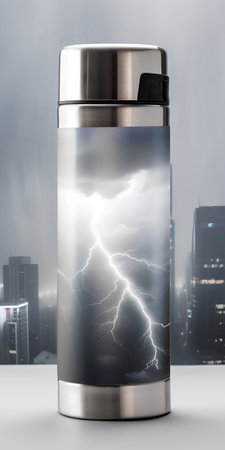 Thermo flask with lightning on the city background. 3d renderingの素材