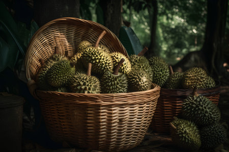 Fresh durian fruit in basket on wooden table. Selective focus.の素材
