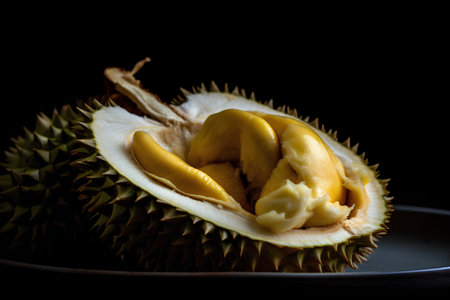 Close up of Durian fruit on black background, King of fruits.の素材