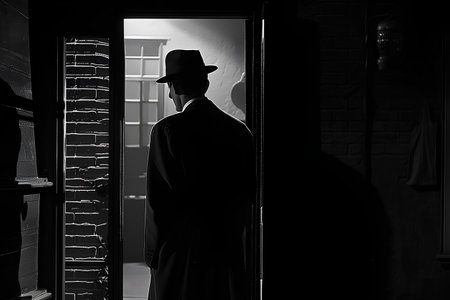 Silhouette of a man in a hat standing in front of the doorの素材