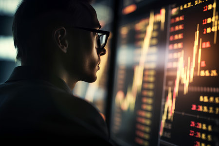 Side view of businessman in eyeglasses looking at stock market monitorの素材