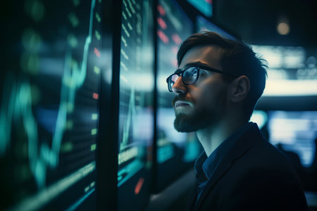 Portrait of a handsome businessman in a suit and glasses looking at the monitor of the stock exchange.の素材