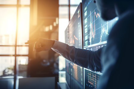 business, people and technology concept - close up of businessman pointing finger at virtual screen with forex chartの素材