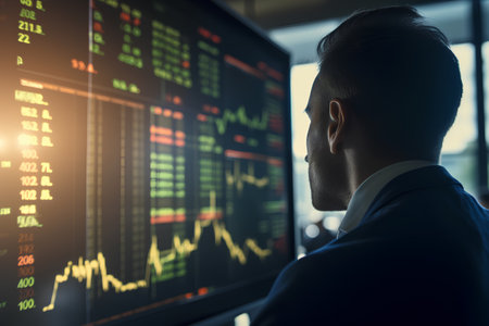 Businessman looking at stock market data on the monitor. Double exposureの素材