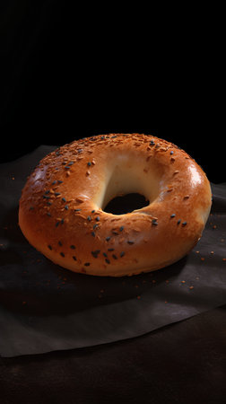 Bagel with sesame seeds on a black background, top viewの素材