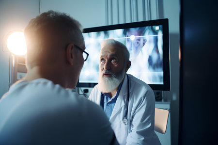 Senior doctor and patient looking at x-ray image in clinic.の素材