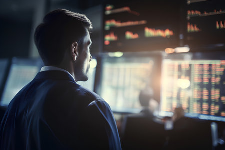 Businessman looking at stock market data on monitor. Business and financial conceptの素材