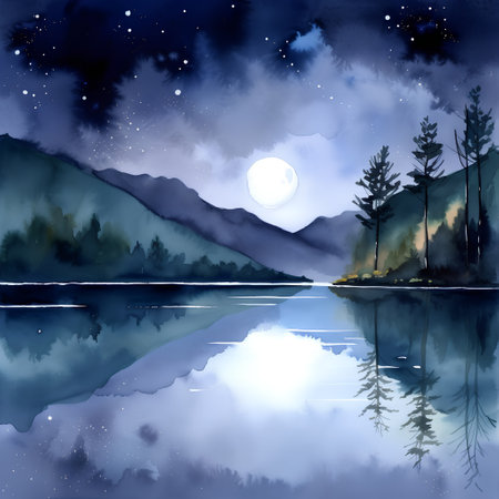 Watercolor landscape with a lake and mountains in the night sky.の素材