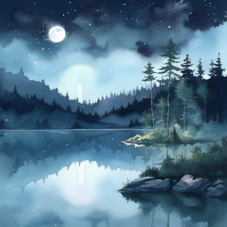 Beautiful night landscape with mountains, forest and lake. Digital painting.の素材