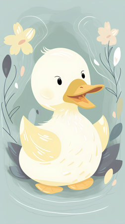 Cute duckling with flowers. Vector illustration in cartoon style.の素材