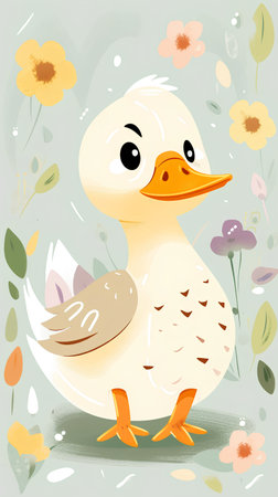 Vector illustration of a cute duckling on a background of flowers.の素材