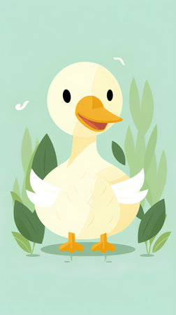 Cute duck with green leaves. Vector illustration in cartoon style.の素材