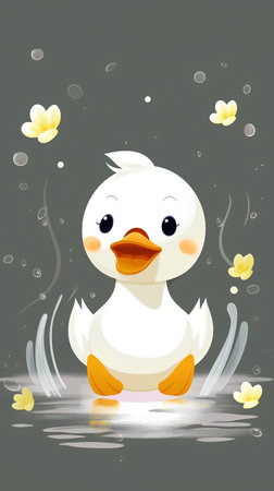 illustration of a cute duck in the water on a dark backgroundの素材