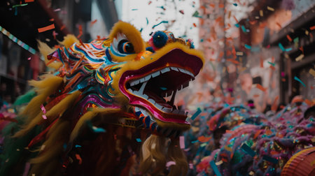 Lion dance at the Chinese New Year parade in Paris, France.の素材
