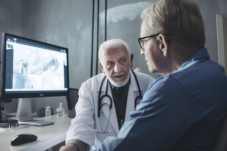 Portrait of senior doctor and patient looking at x-ray in clinicの素材