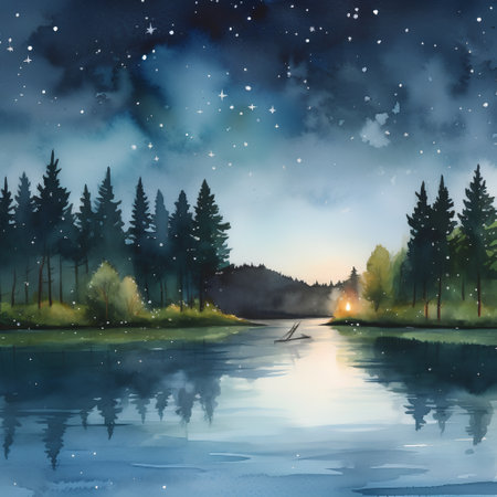 Watercolor landscape with lake, forest and night sky with stars.の素材