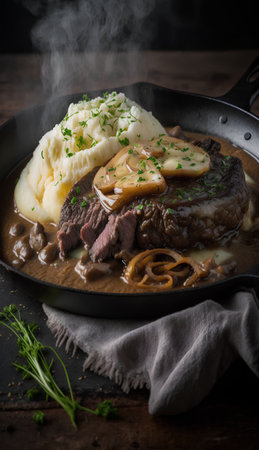 Beef Bourguignon with mashed potatoes and mushroom sauce, selective focusの素材
