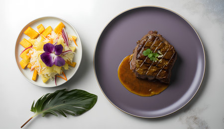 Plate with tasty steaks and vegetables on light background, top viewの素材