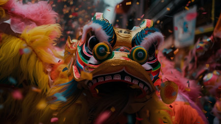 Lion dance at the chinese lunar new year parade in Paris, France.の素材