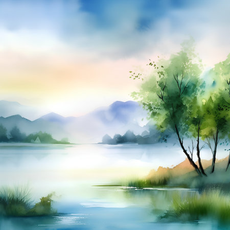 Watercolor landscape with lake, trees and mountains. Digital art painting.の素材