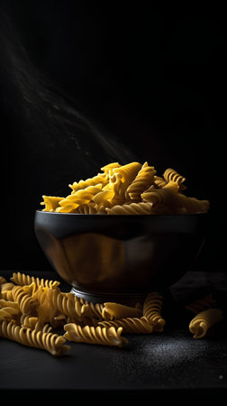 Raw fusilli pasta in black bowl on black background. Selective focus.の素材