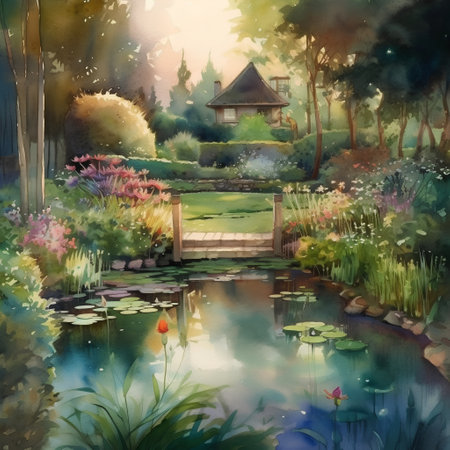 Watercolor painting of a garden with a pond and a wooden bridgeの素材