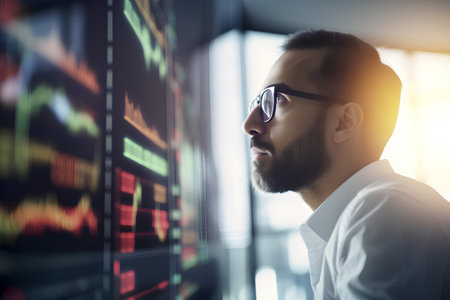 business, people and stock market concept - close up of bearded businessman in eyeglasses looking at forex chart in officeの素材