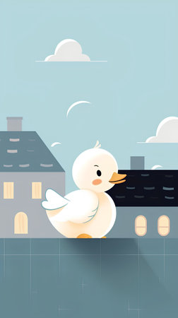 Vector illustration of a cute white duck on the roof of a houseの素材