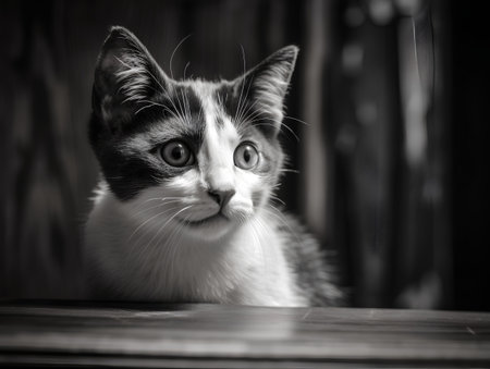 Portrait of a beautiful kitten on a wooden background. Toned.の素材