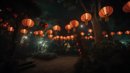 Chinese lanterns at night in the park, Chengdu, Chinaの素材